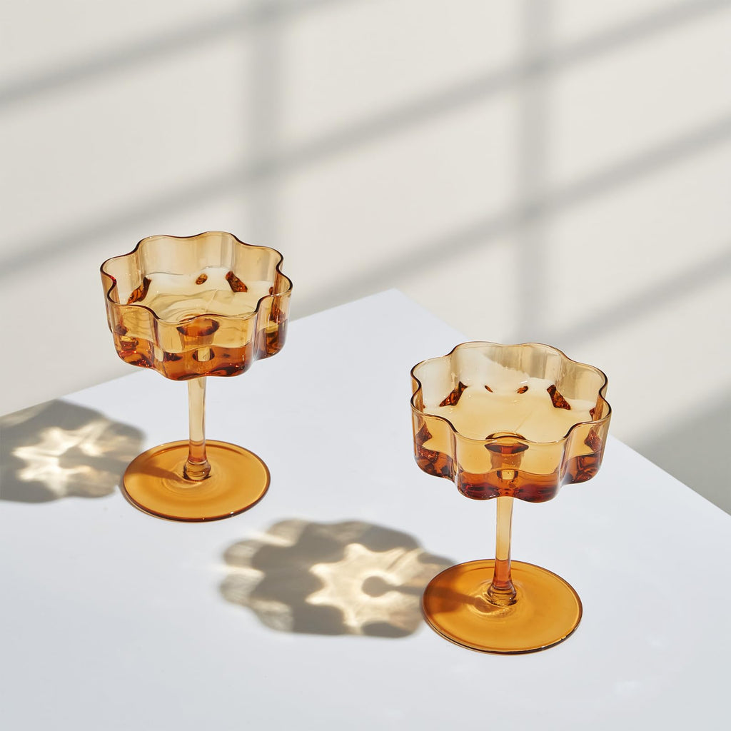 Flower Wave Coupe Cocktail Colored Glasses | Set of 2 | Amber
