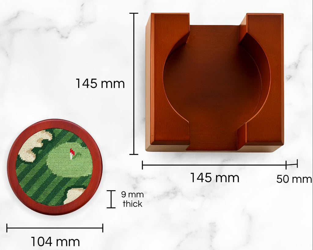 Golf coasters set of 4 with dimensions and KHIEN branding on a marble background