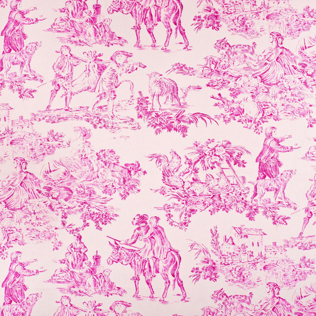 Pink and white vintage-style patterned fabric with classical scenes.