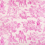 Pink and white vintage-style patterned fabric with classical scenes.