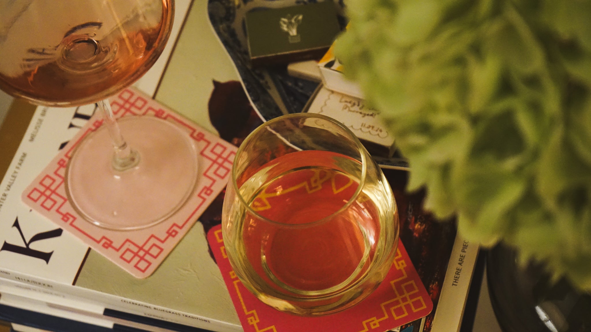 Glass of red wine on a coaster with a plant in the foreground