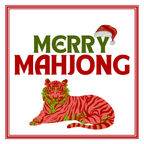 Red and green tiger with 'Merry Mahjong' text and Santa hat on a white background