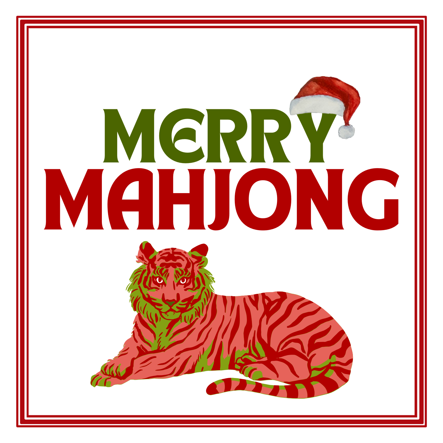 Red and green tiger with 'Merry Mahjong' text and Santa hat on a white background