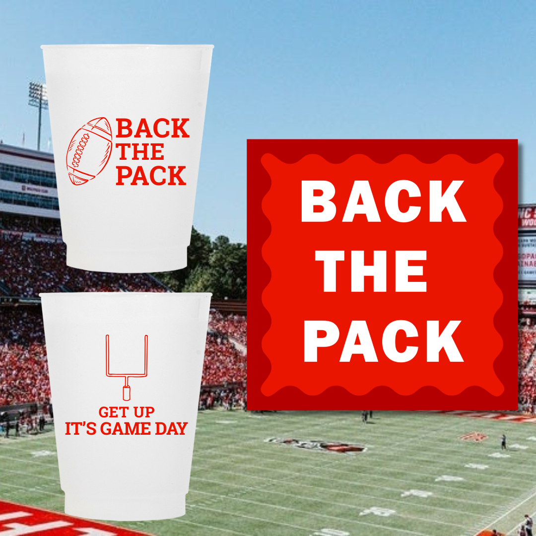 Two white paper cups with red football-themed graphics are shown over a blurred stadium and field background, alongside a large red square with white text reading 'BACK THE PACK.' The top cup says 'BACK THE PACK' with a football icon, and the bottom cup says 'GET UP IT'S GAME DAY' with a goalpost icon.