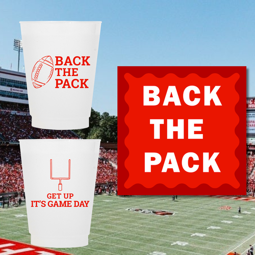Two white paper cups with red football-themed graphics are shown over a blurred stadium and field background, alongside a large red square with white text reading 'BACK THE PACK.' The top cup says 'BACK THE PACK' with a football icon, and the bottom cup says 'GET UP IT'S GAME DAY' with a goalpost icon.