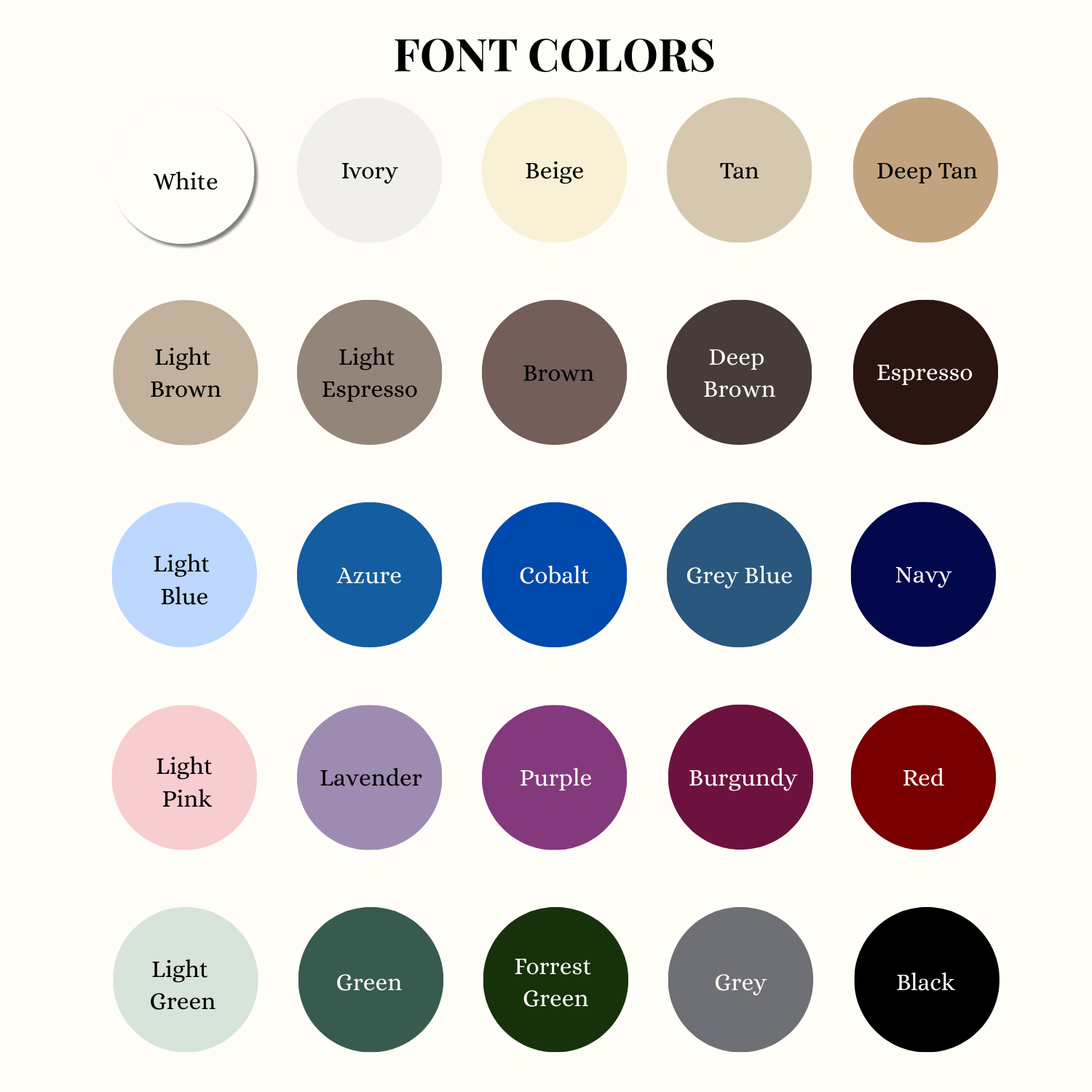 Color swatches labeled with font color names on a white background