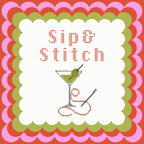 Cross-stitched design of a martini glass with an olive, surrounded by text 'Sip & Stitch' on a colorful scalloped border.