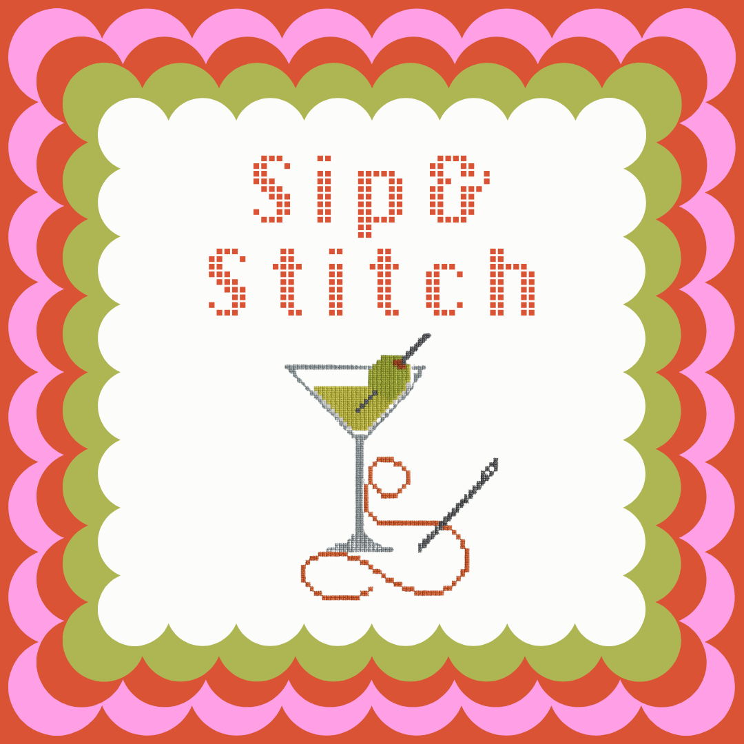 Cross-stitched design of a martini glass with an olive, surrounded by text 'Sip & Stitch' on a colorful scalloped border.