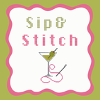 Logo with 'Sip & Stitch' text, martini glass, and needle on a green background