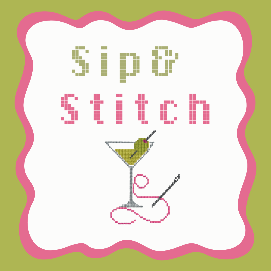 Logo with 'Sip & Stitch' text, martini glass, and needle on a green background