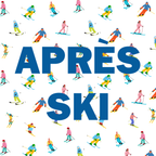Pattern of skiers with 'APRES SKI' text on a white background