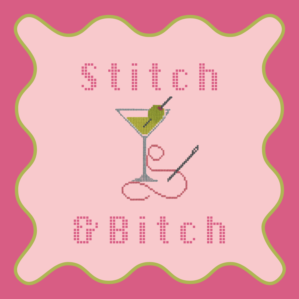 Cross-stitched design with a cocktail and text on a pink background