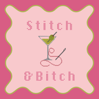 Cross-stitched design with a cocktail and text on a pink background