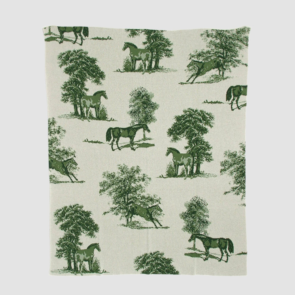 Cotton Sustainable Knit Throw Blanket - Equestrian Toile